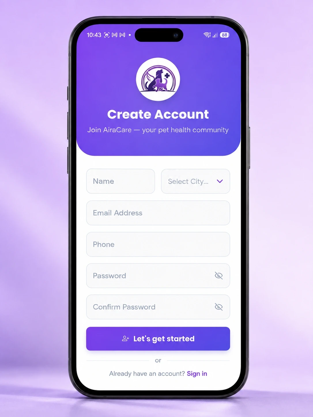 Create an AiraCare account on a mobile phone